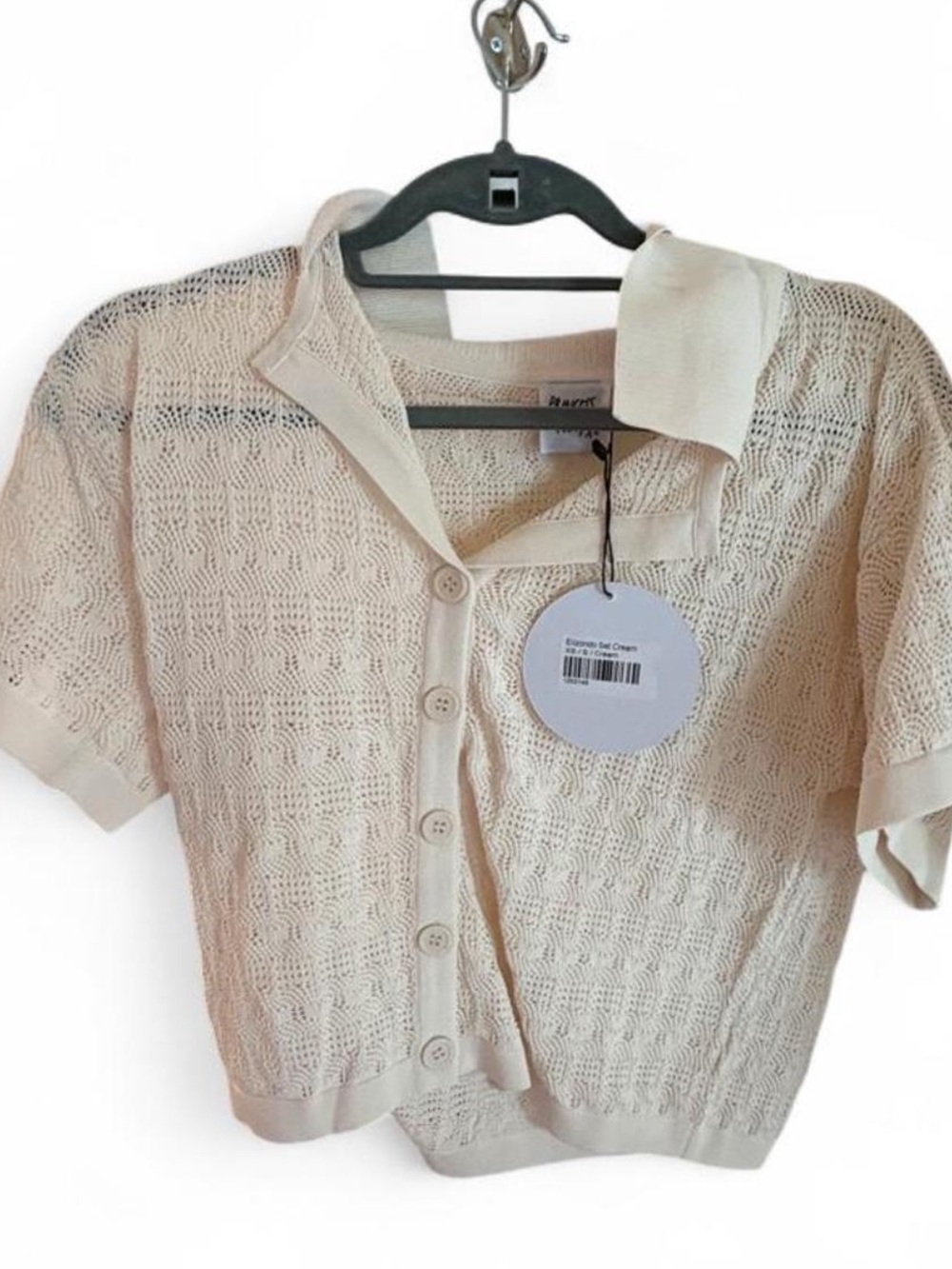 Cream Short-Sleeve Knit Button-Up Top